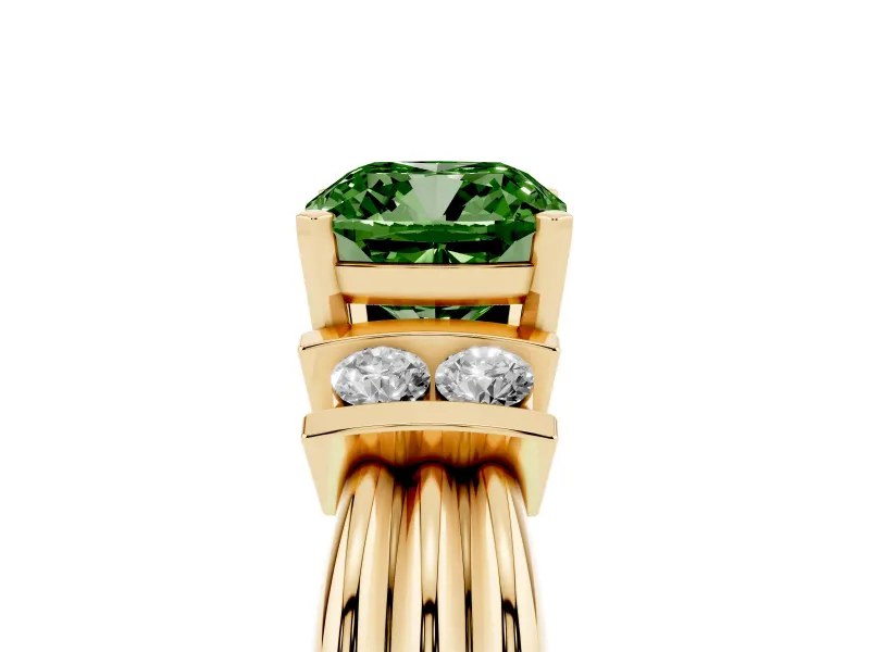 Fancy Green Three-Stone Cushion Cut Diamond Channel Set Ring Set in Yellow gold with Bar Prongs