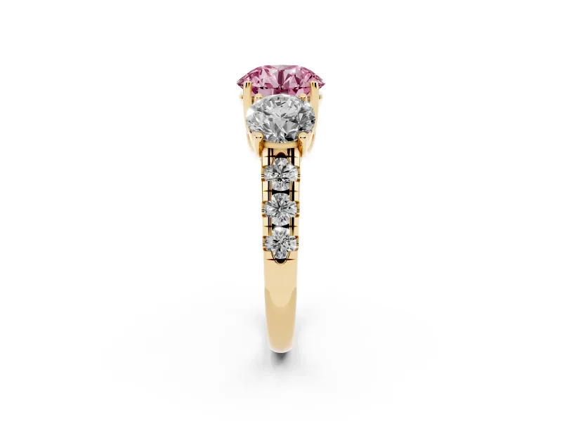 Round Three Stone Engagement Ring Setting for a Fancy Pink Lab-Grown Diamond | Accented Shoulders | Yellow Gold