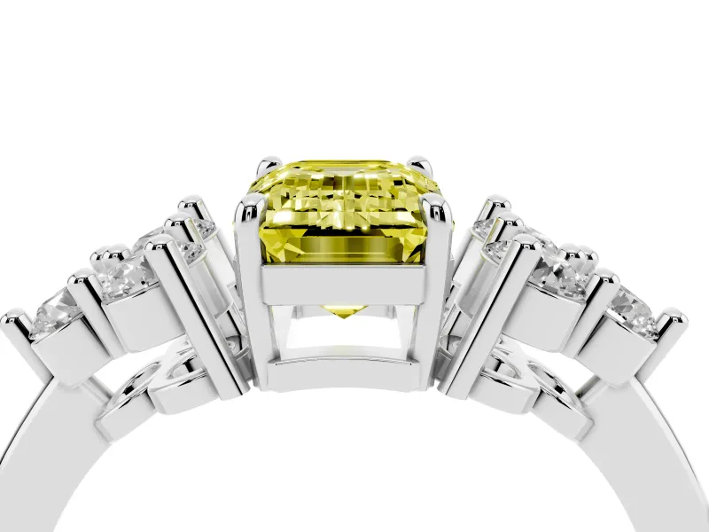 Fancy Yellow Emerald Cut Diamond Solitaire Ring Set in Silver with Cluster Accents on Each Side