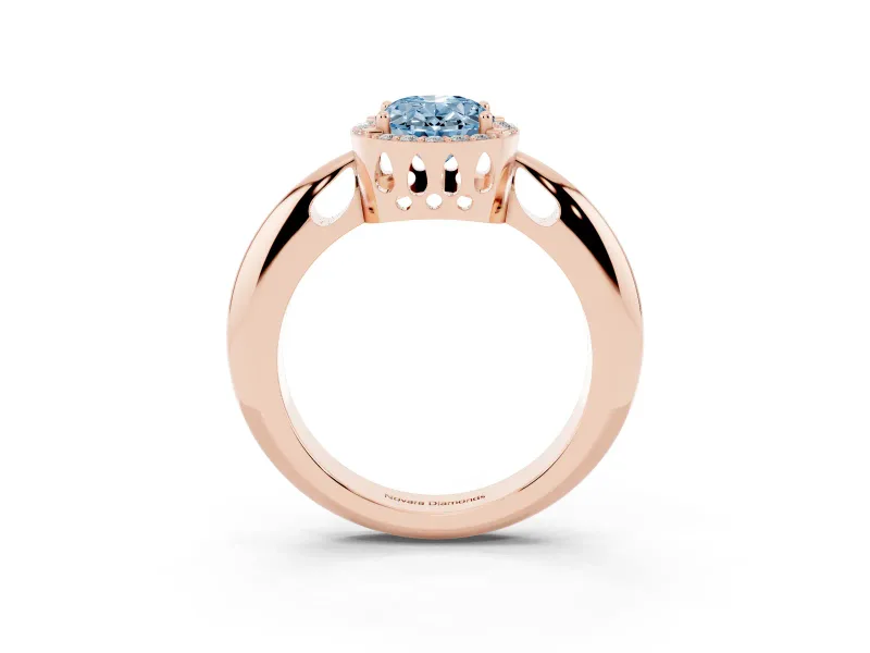 Fancy Blue Oval Cut Diamond Halo Engagement Ring Set in Rose gold with Plain Split Shank and Prong Setting