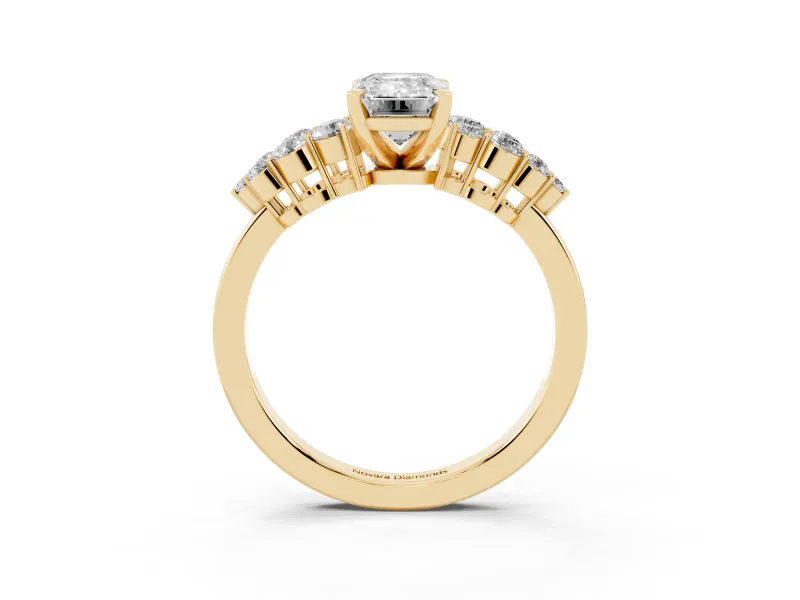 Emerald Cut Side Stone Engagement Ring Setting | Two-Row Shoulder Clusters | Yellow Gold