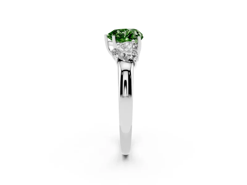 Fancy Green Heart Cut Diamond Three-Stone Ring Set in White gold with Bold Center and Classic Band