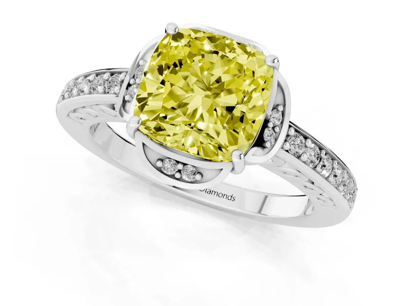 Cushion Cut Floral Pavé Engagement Ring Setting for a Fancy Yellow Lab-Grown Diamond | Platinum