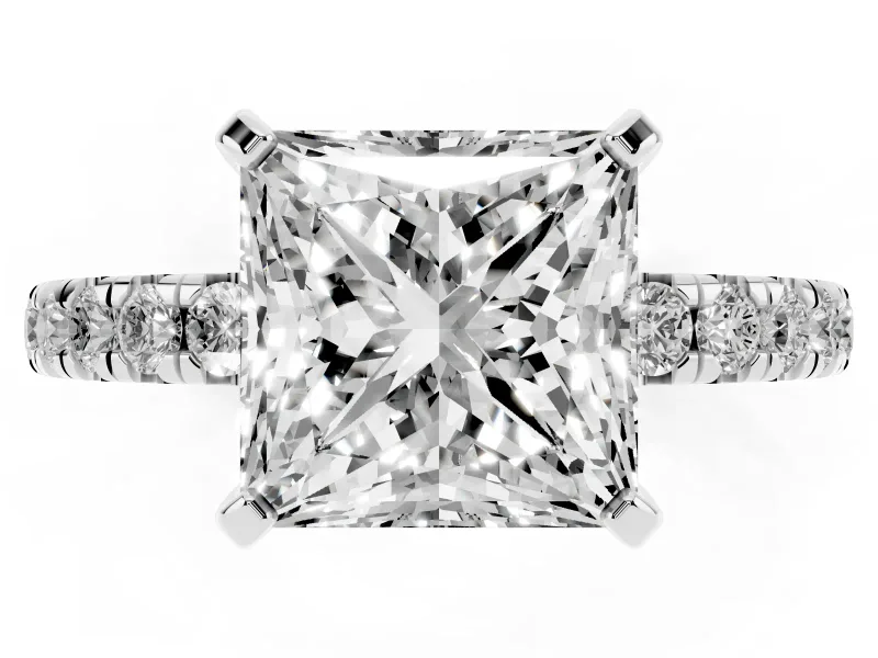 Princess Cut Pavé Solitaire Engagement Ring Setting | Shared Prong Band | Platinum