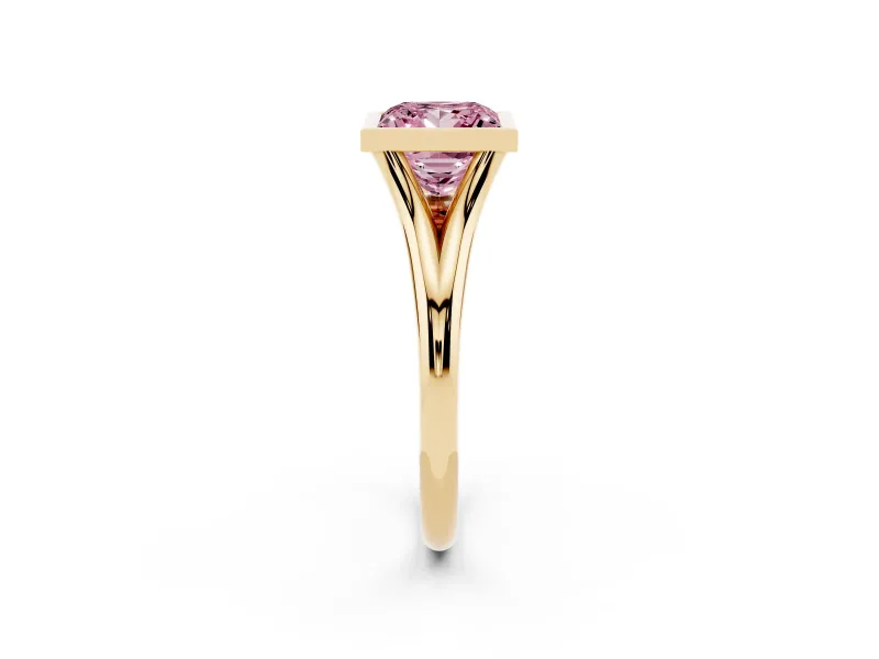 Fancy Pink Bezel Set Princess Cut Diamond Solitaire Ring Set in Yellow gold with Tapered Band