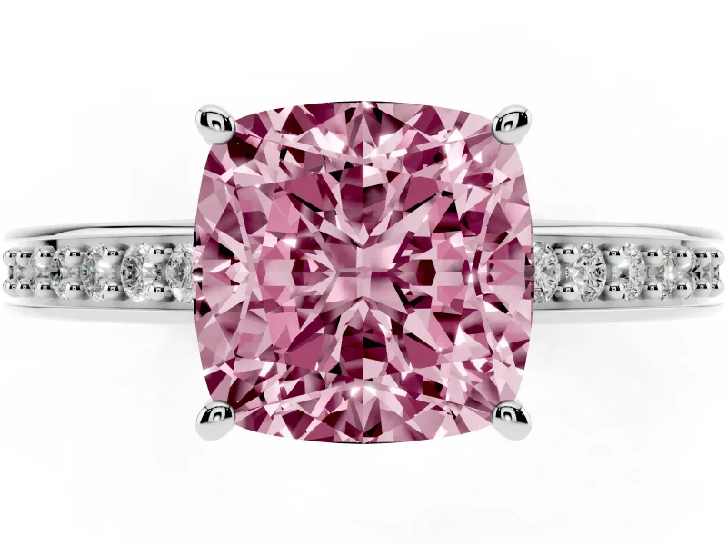Cushion Cut Pave Engagement Ring Setting for a Fancy Pink Lab-Grown Diamond | Accented Basket | Sterling Silver