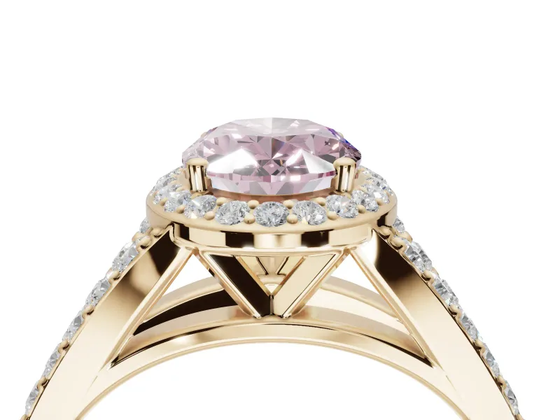 Oval Halo Pavé Engagement Ring Setting for a Fancy Pink Lab-Grown Diamond | Narrow Split Shank | Yellow Gold