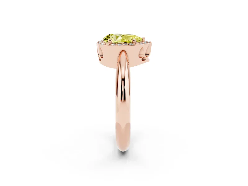 Fancy Yellow Pear Cut Diamond Halo Engagement Ring Set in Rose gold with Plain Split Shank and Prong Setting