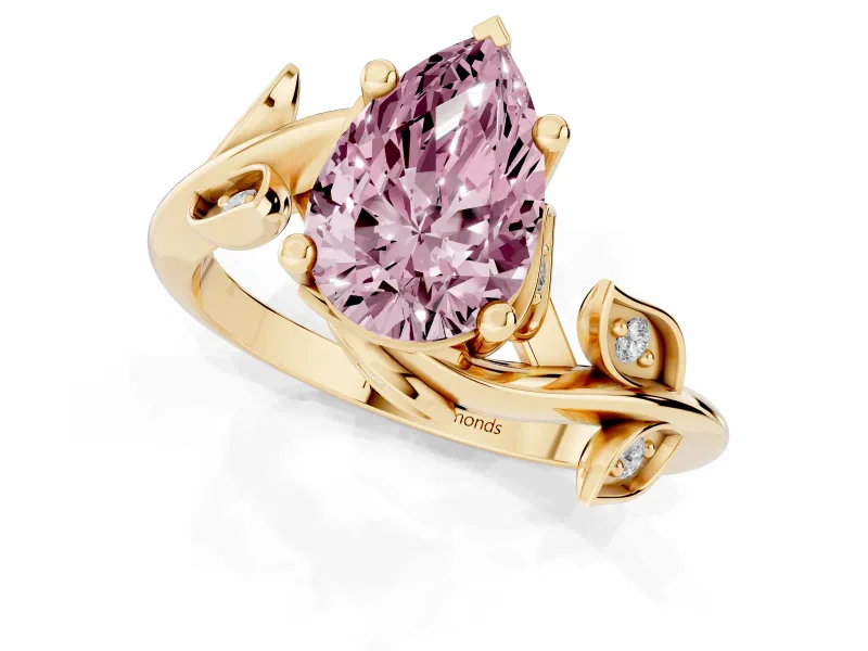 Fancy Pink Pear Cut Diamond Solitaire Twist Engagement Ring Set in Yellow gold with Pavé Leaf Accents