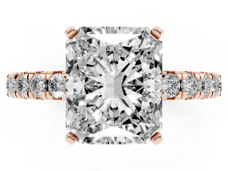 Radiant Cut Pavé Solitaire Engagement Ring Setting | Shared Prong Band | Rose Gold
