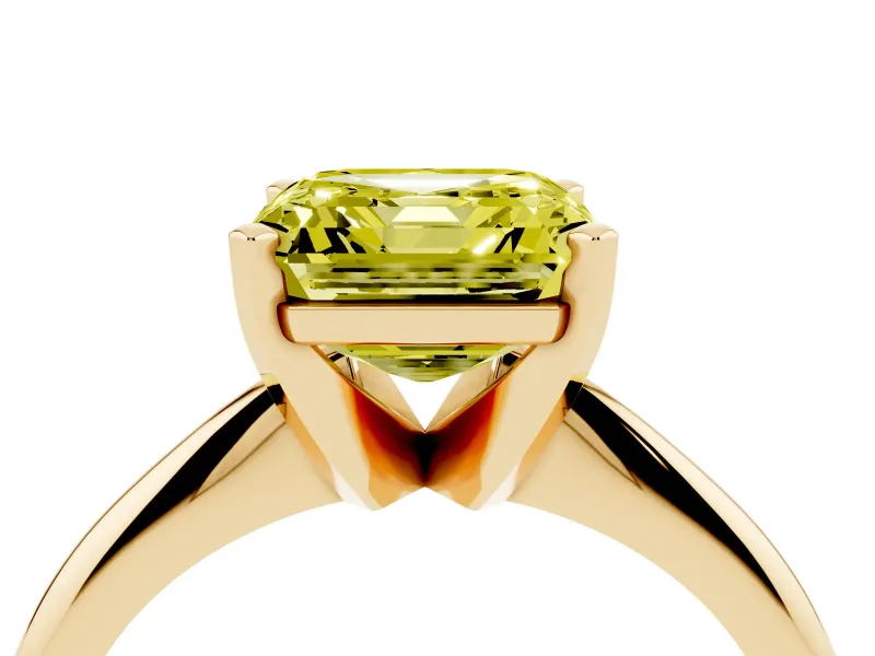 Fancy Yellow Asscher Cut Diamond Solitaire Ring Set in Yellow gold with Prong Setting on a Plain Round Band