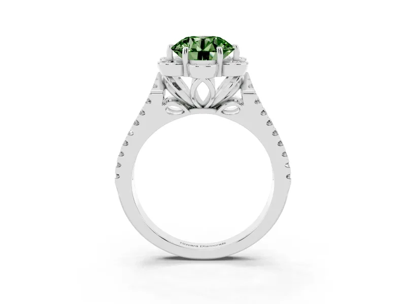Round Petal Frame Floral Halo Engagement Ring Setting for a Fancy Green Lab-Grown Diamond | Pavé Split Shank | Platinum