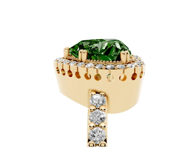 Fancy Green Heart Cut Diamond Halo Engagement Ring Set in Yellow gold with Milgrain Detail and Pavé Band