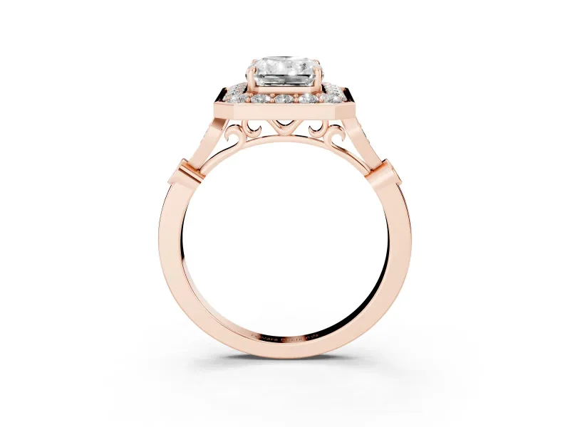 Radiant Cut Vintage Halo Engagement Ring Setting | Bezel Station Shoulders | Rose Gold