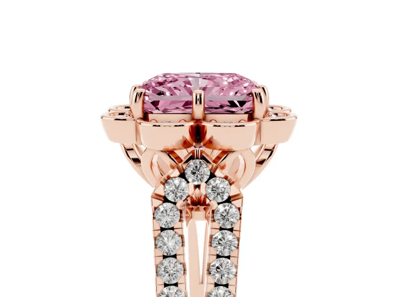 Radiant Cut Floral Halo Engagement Ring Setting for a Fancy Pink Lab-Grown Diamond | Pavé Split Shank | Rose Gold