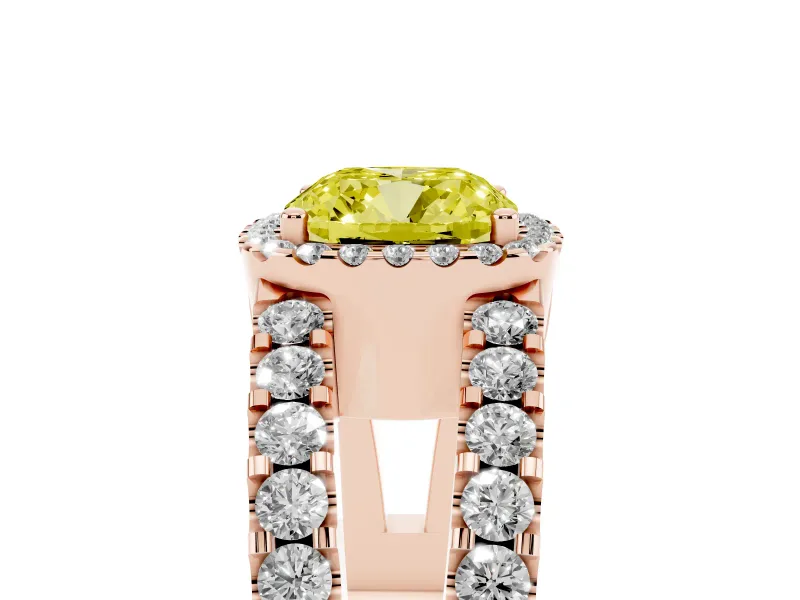 Fancy Yellow Cushion Cut Diamond Halo Ring Set in Rose gold with Pavé Split Shank and Prong Setting