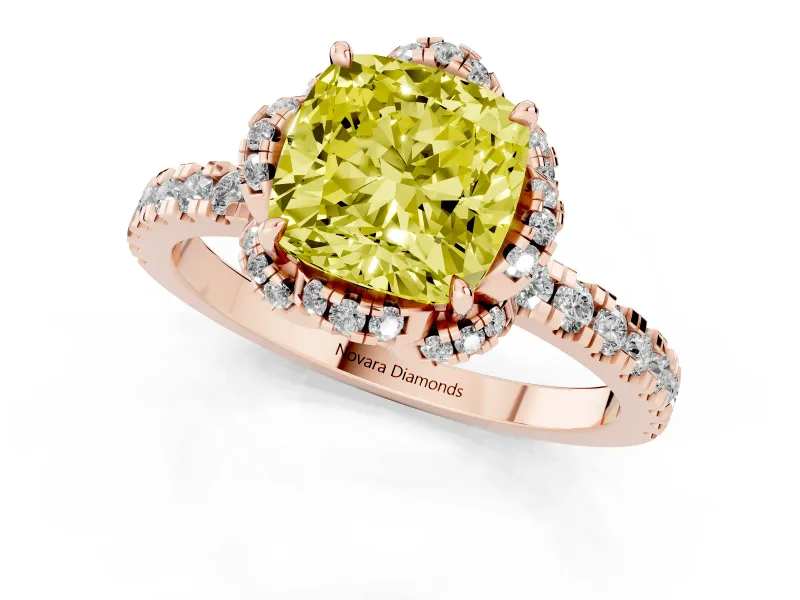Fancy Yellow Cushion Cut Diamond Halo Pavé Band Ring Set in Rose gold with Prong-Held Center