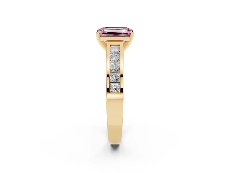 Fancy Pink Emerald Cut Diamond Solitaire Ring Set in Yellow gold with Channel-Set Band and Prong Setting