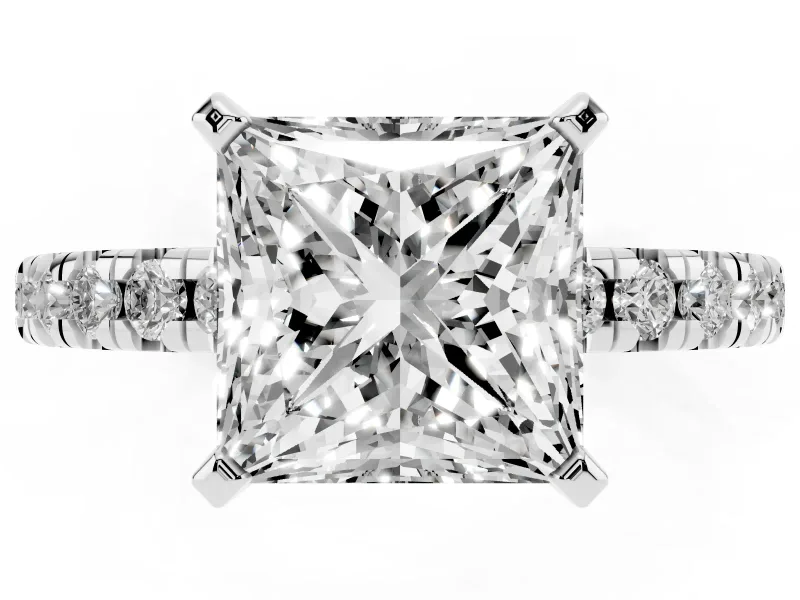 Princess Cut Diamond Solitaire Pavé Engagement Ring Set in White gold with Round Band and Prong Setting
