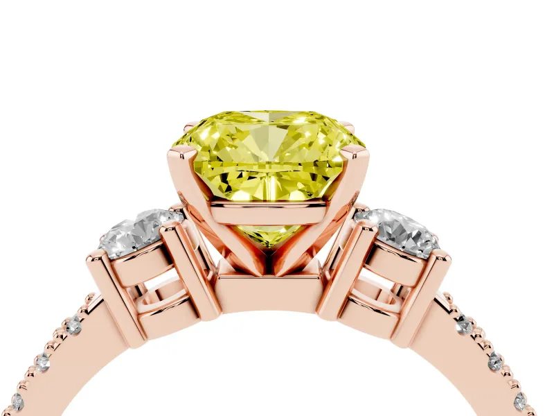 Fancy Yellow Three-Stone Cushion Cut Diamond Pavé Band Ring Set in Rose gold with Prong Setting