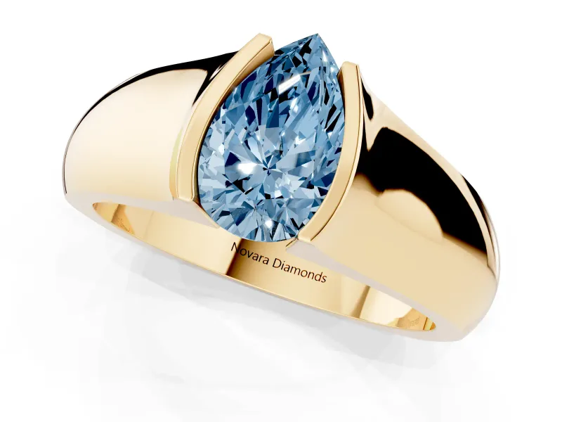 Pear-Shaped Half Bezel Solitaire Engagement Ring Setting for a Fancy Blue Lab-Grown Diamond | Wide Band | Yellow Gold