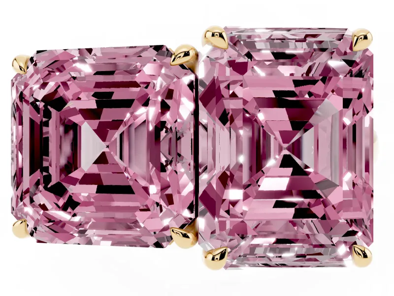 Fancy Pink Asscher Cut and Emerald Cut Toi Moi Ring Set in Yellow gold with Prong Setting