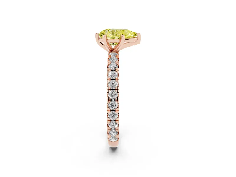 Fancy Yellow Pear Cut Diamond Pavé Solitaire Ring Set in Rose gold with Round Band and Prong Setting
