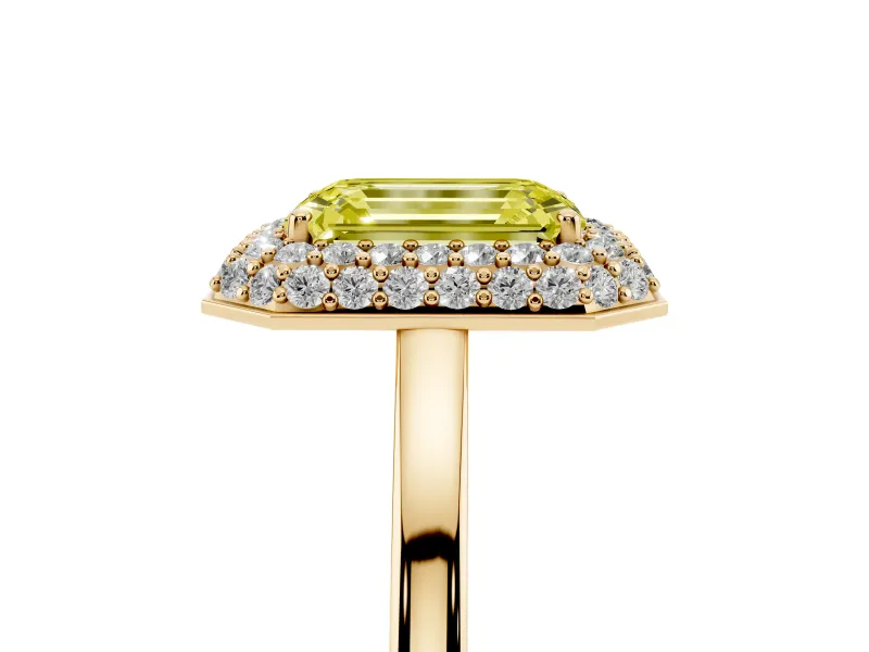 Fancy Yellow Emerald Cut Diamond Halo Engagement Ring Set in Yellow gold with Solitaire Band and Prong Setting