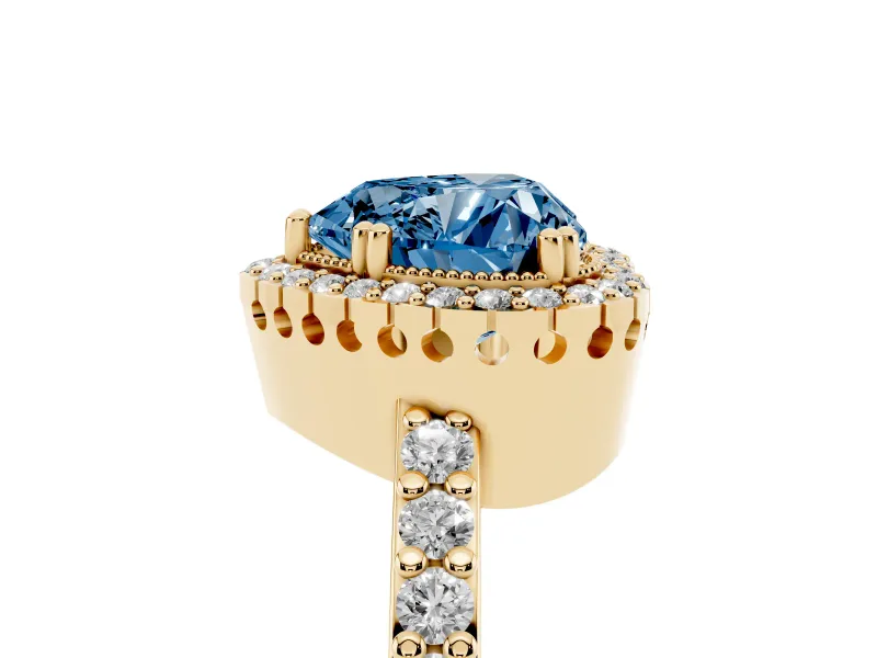 Heart-Shaped Milgrain Halo Engagement Ring Setting for a Fancy Blue Lab-Grown Diamond | Pavé Band | Yellow Gold