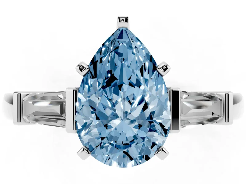 Fancy Blue Pear Cut Diamond Solitaire Ring Set in White gold with Tapered Baguette Accents and Prong Setting