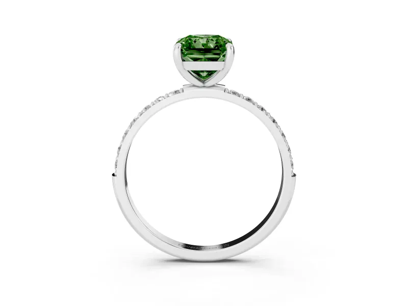 Fancy Green Radiant Cut Diamond Solitaire Ring Set in White gold with Round Pavé Band and Prong Setting