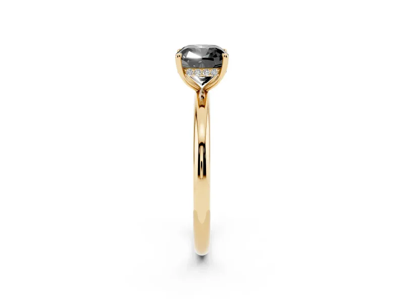 Fancy Black Cushion Cut Diamond Solitaire Ring Set in Yellow gold with Thin Band and Prong Setting