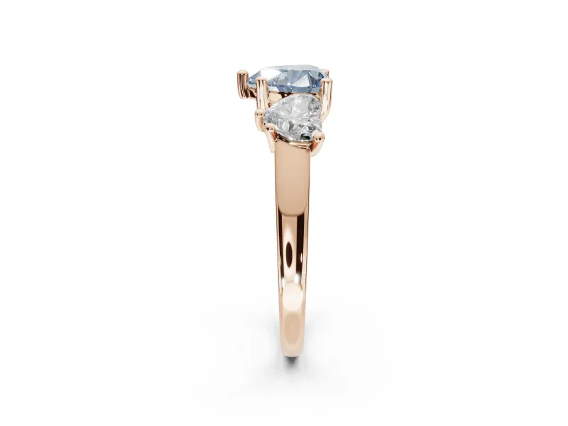 Heart-Shaped Three Stone Engagement Ring Setting for a Fancy Blue Lab-Grown Diamond | Wide Tapered Shoulders | Rose Gold