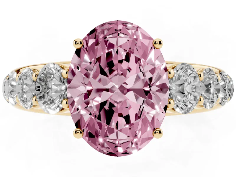 Oval Graduated Side Stone Engagement Ring Setting for a Fancy Pink Lab-Grown Diamond | Flat Top Band | Yellow Gold