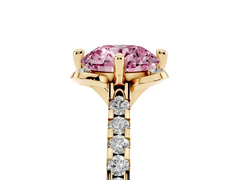 Round Floral Engagement Ring Setting for a Fancy Pink Lab-Grown Diamond | Pavé Band | Yellow Gold