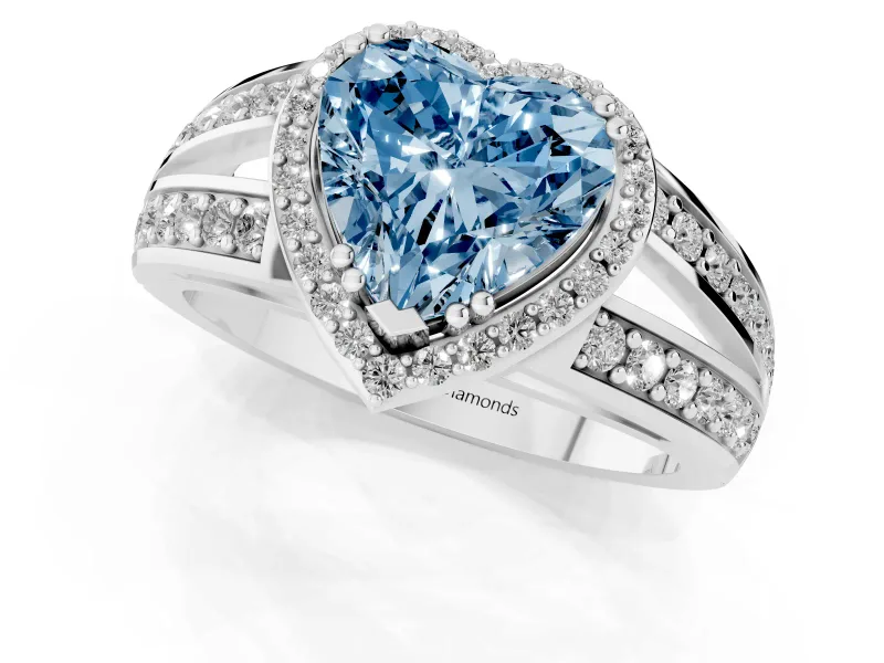 Fancy Blue Heart Cut Diamond Halo Ring Set in White gold with Double Pavé Split Shank