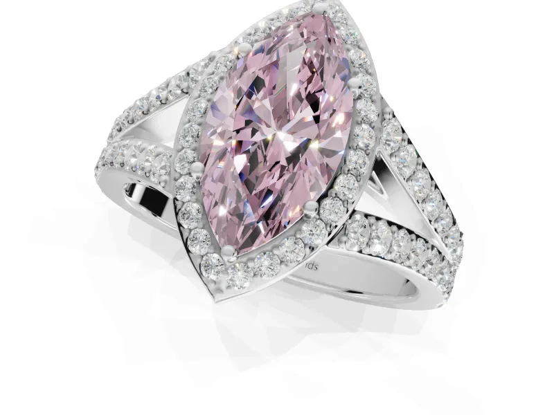 Marquise Halo Pavé Engagement Ring Setting for a Fancy Pink Lab-Grown Diamond | Narrow Split Shank | White Gold