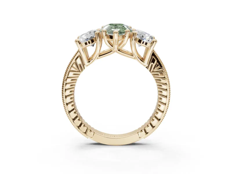 Pear-Shaped Vintage Three Stone Engagement Ring Setting for a Fancy Green Lab-Grown Diamond | Yellow Gold