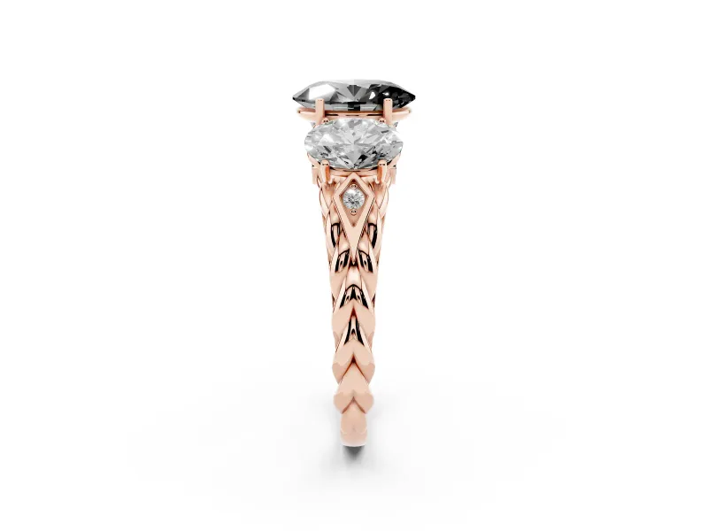 Fancy Black Oval Cut Diamond Three-Stone Ring Set in Rose gold with Braided Band