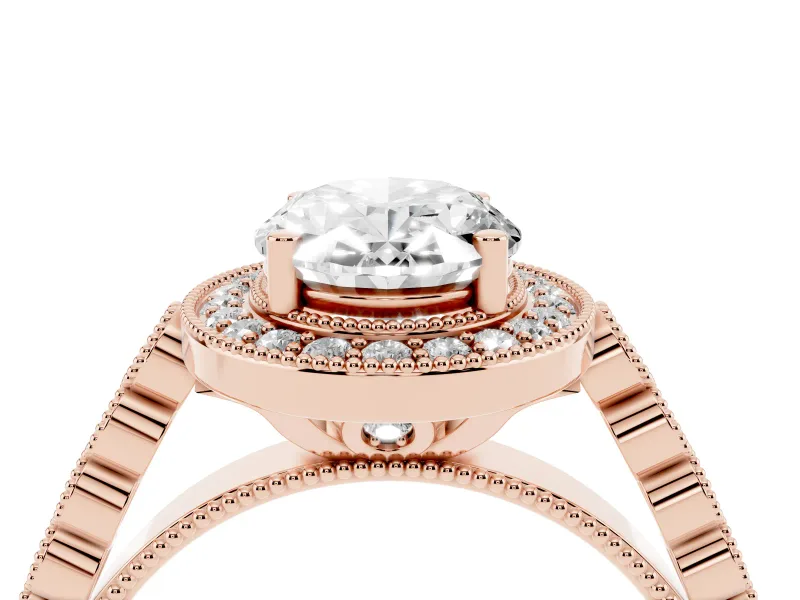 Oval Cut Diamond Milgrain Halo Solitaire Ring Set in Rose gold with Bezel Set Side Stones and Pavé Band