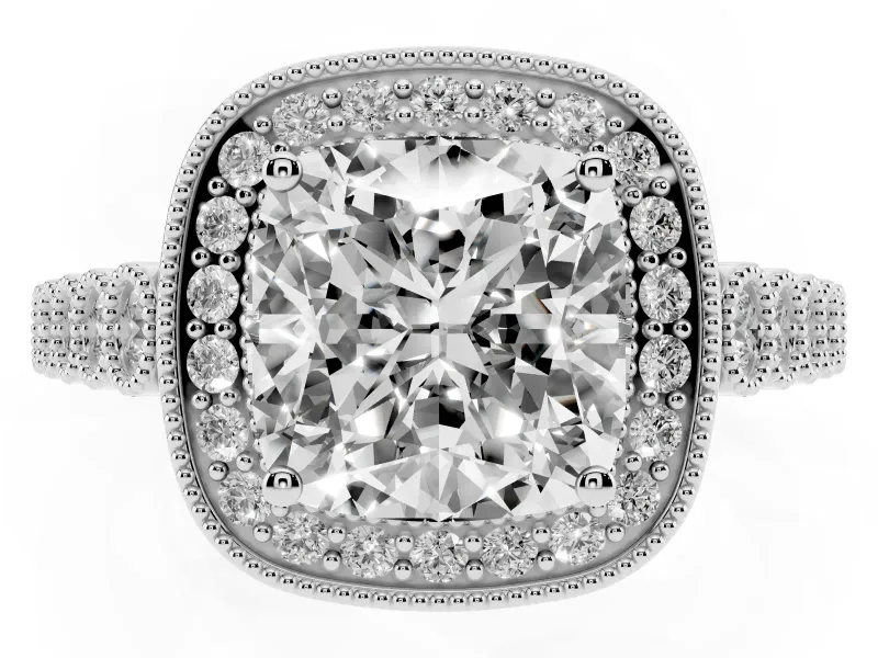 Cushion Cut Milgrain Halo Engagement Ring Setting | Graduated Bezel Accents | Sterling Silver