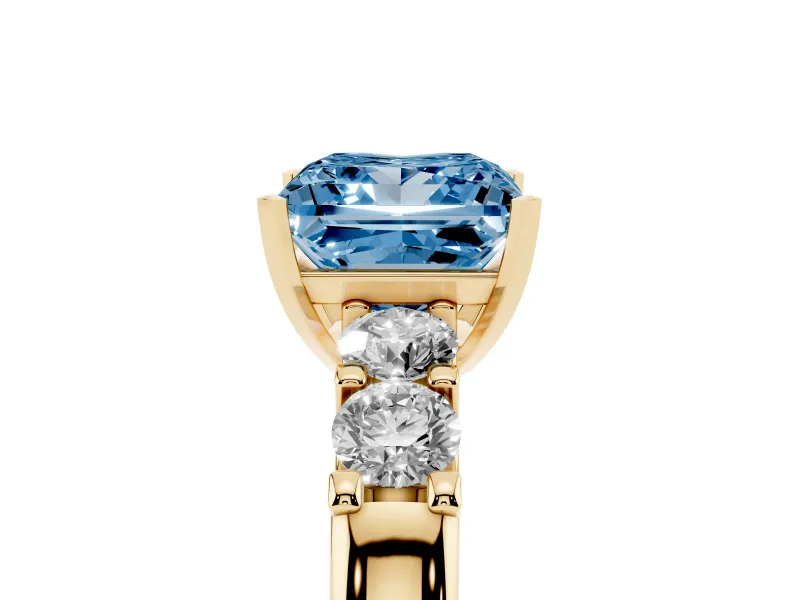 Fancy Blue Princess Cut Diamond Five-Stone Prong Set Engagement Ring Set in Yellow gold with Channel Band