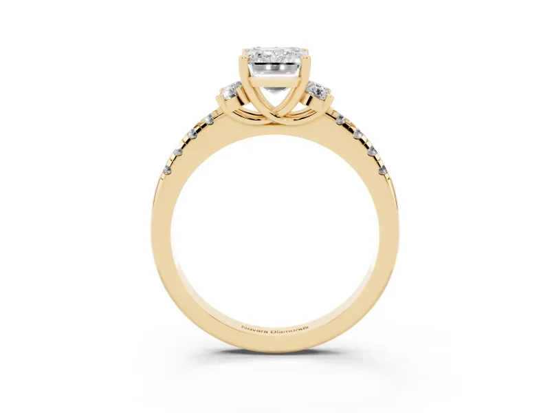 Emerald Cut Side Stone Pave Engagement Ring Setting | Paired Round Accents | Yellow Gold