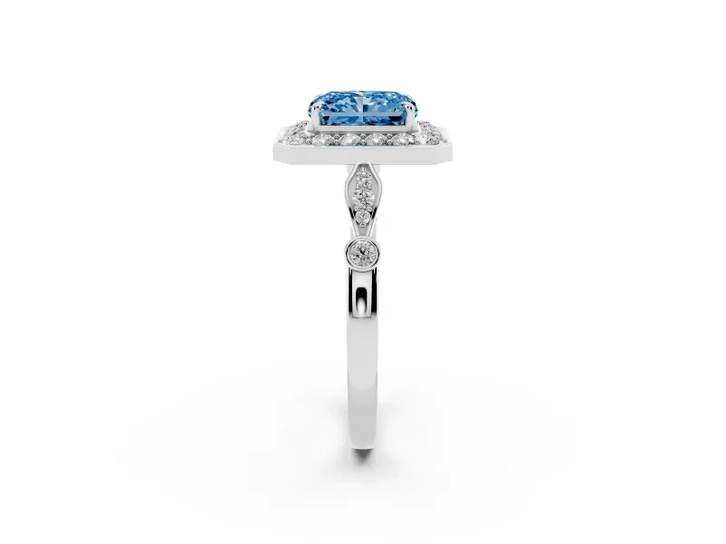 Radiant Cut Halo Engagement Ring Setting for a Fancy Blue Lab-Grown Diamond | Bezel Station Shoulders | White Gold