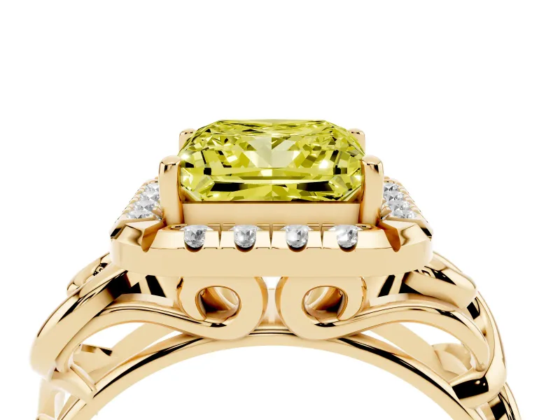 Fancy Yellow Princess Cut Diamond Halo Ring Set in Yellow gold with Scrollwork Band and Prong Setting
