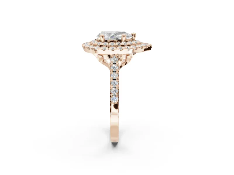 Pear-Shaped Lab-Grown Diamond Double Halo Statement Ring Set in Rose Gold with Pavé Band
