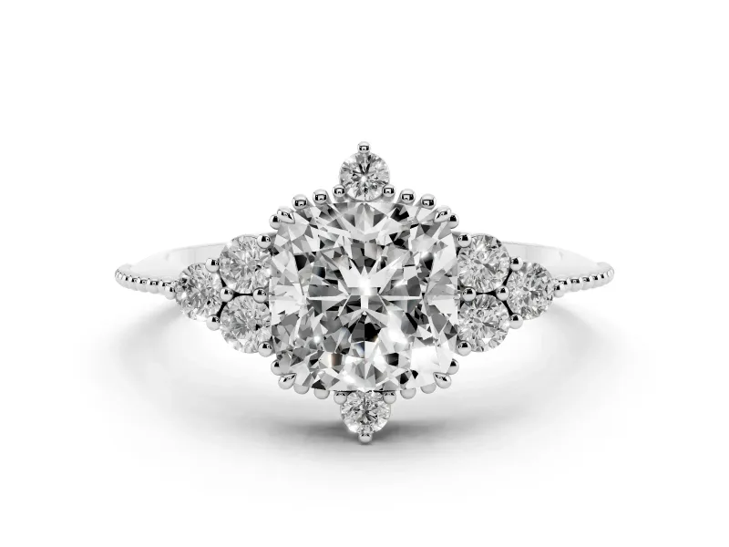Cushion Cut Diamond Cluster Ring Set in White gold with Beaded Band