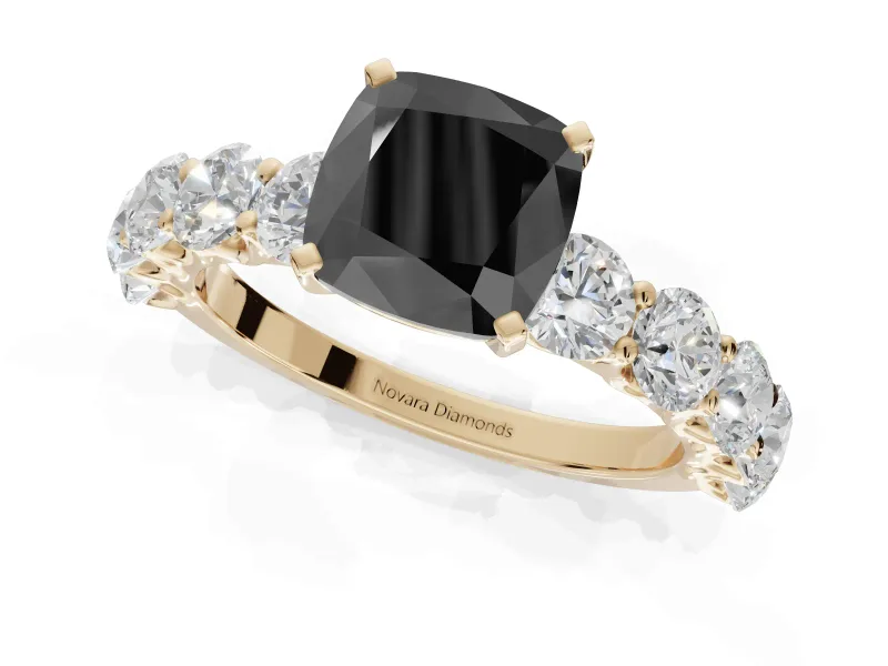 Cushion Cut Side Stone Engagement Ring Setting for a Black Center | Yellow Gold