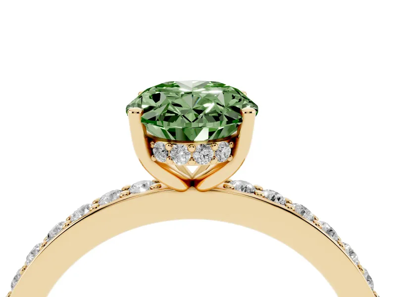 Fancy Green Oval Cut Diamond Pavé Band Ring Set in Yellow gold with Prong-Set Center Stone