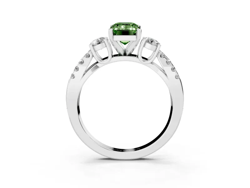 Fancy Green Emerald Cut Diamond Three-Stone Ring Set in Silver with Pavé Split Shank and Prong Setting